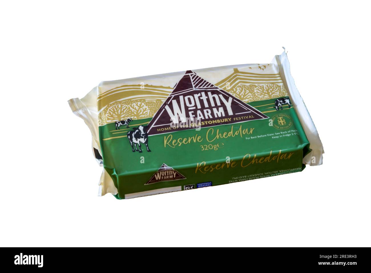 A pack of Worthy Farm Reserve Cheddar.  From the home of the Glastonbury Festival. Stock Photo
