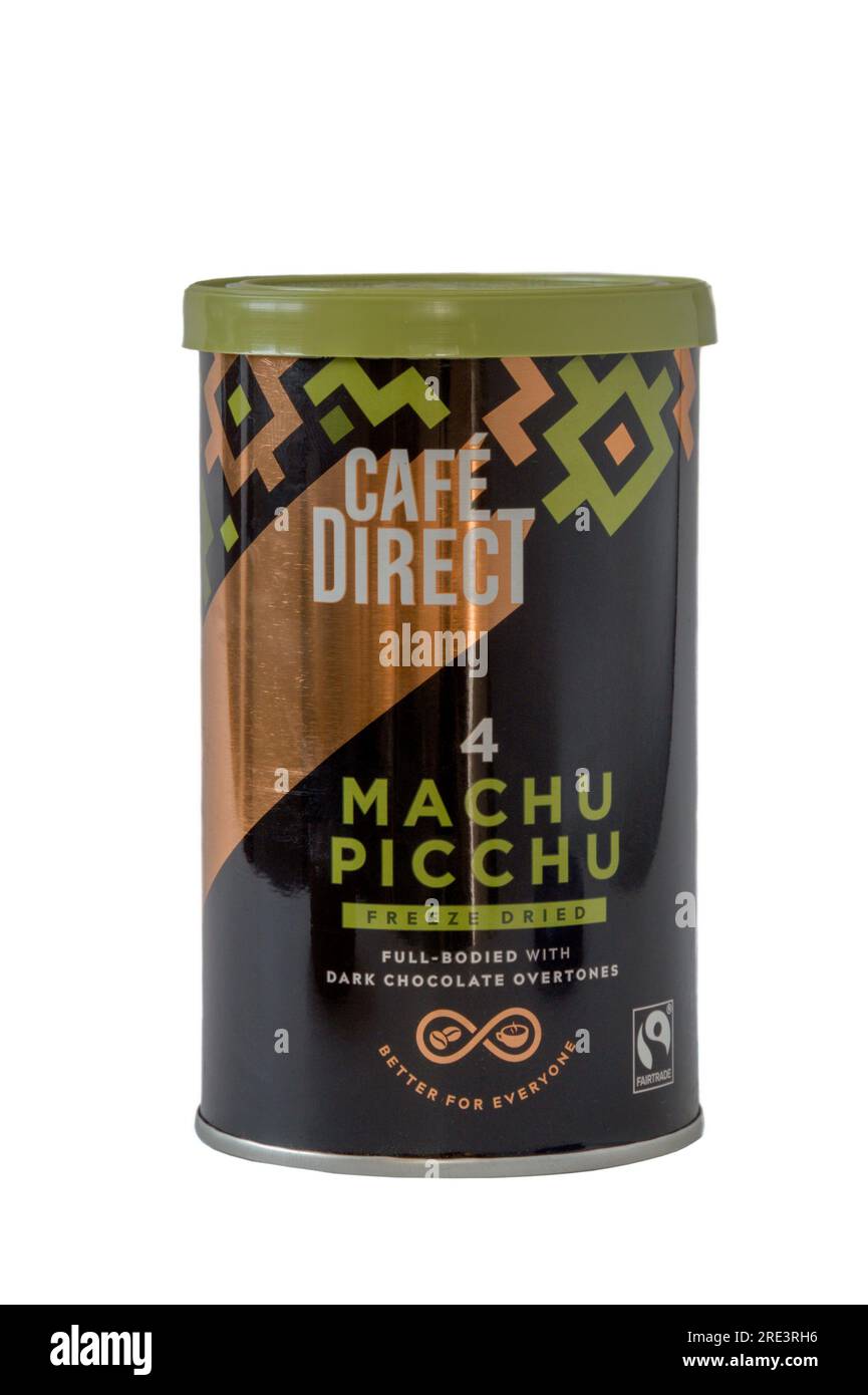 A tin of Cafe Direct Machu Picchu freeze dried coffee. Stock Photo