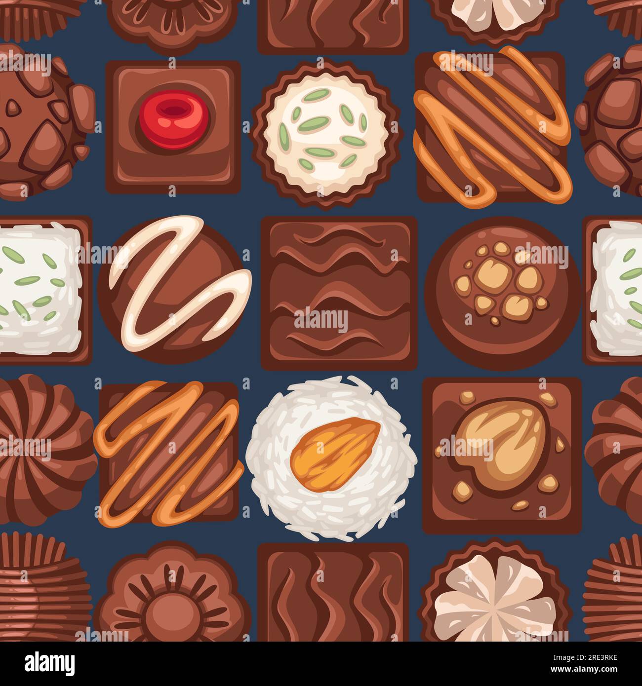 Dessert and sweet cakes, chocolate candies with topping and nuts, cherry and berry for decor. Organic and natural cocoa ingredient. Seamless pattern, Stock Vector