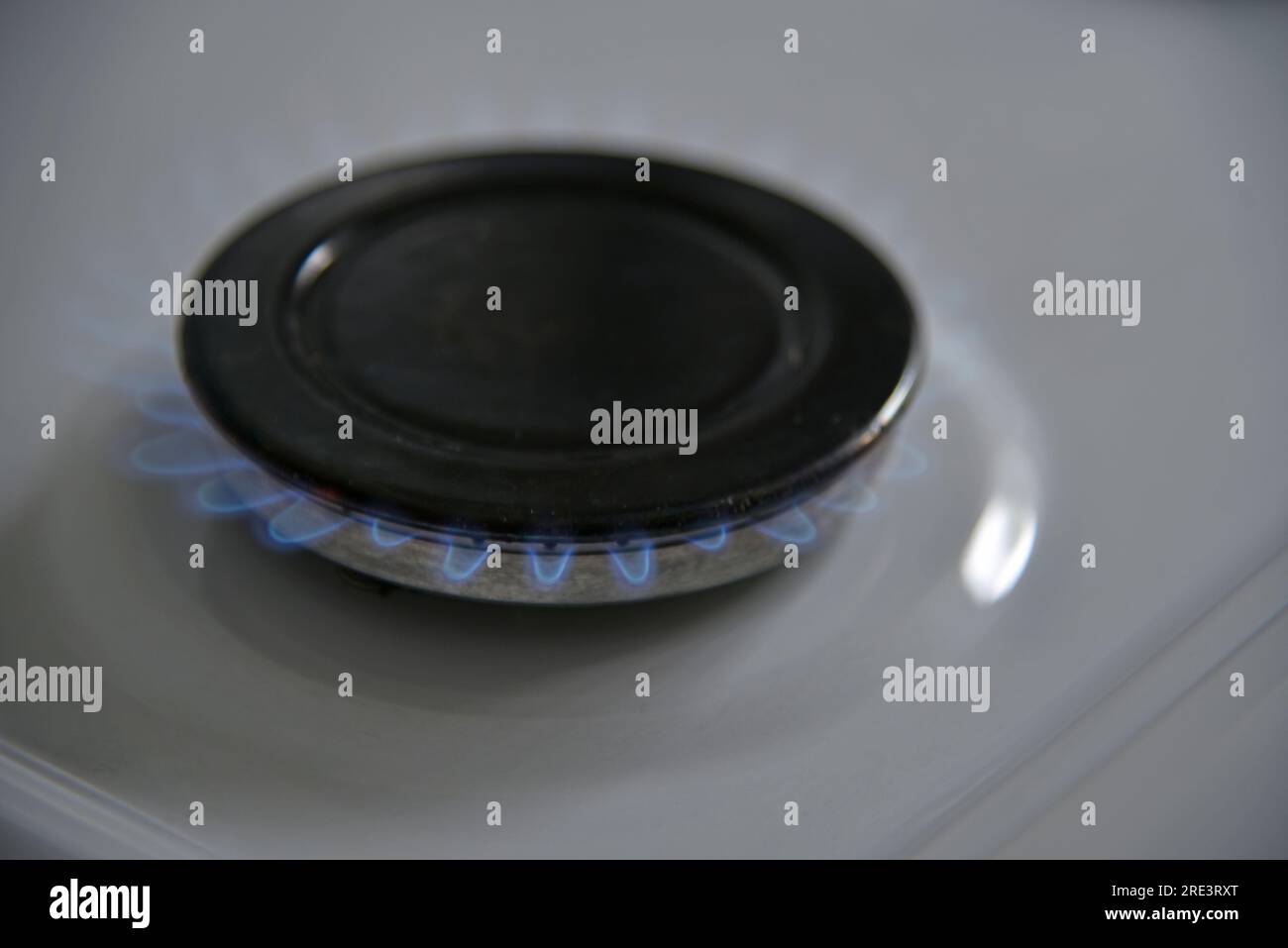 A burning gas burner on the kitchen stove. Design element. Fire flame. Stock Photo