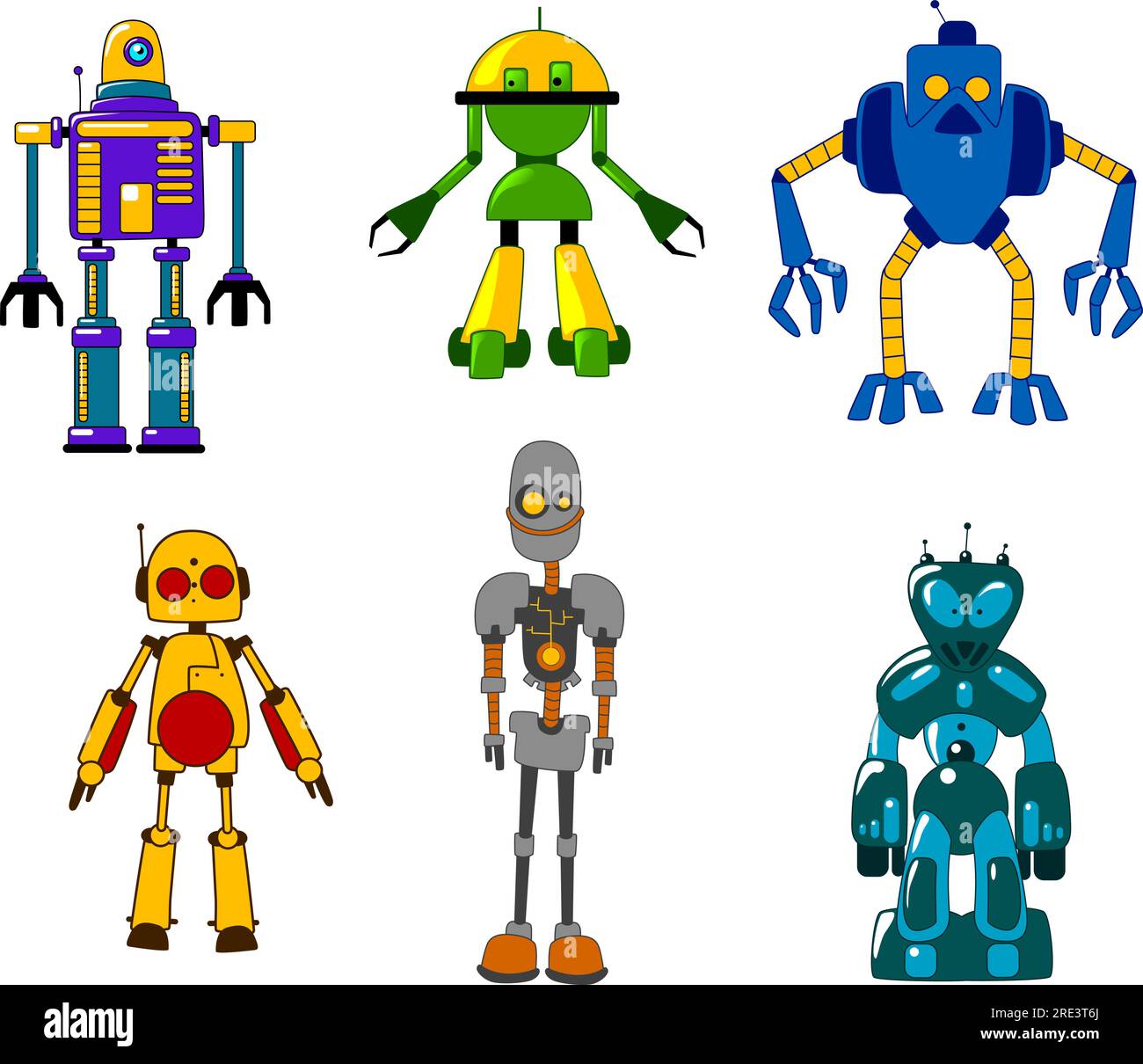 Colorful set of classic toy robots standing facing the viewer with six ...