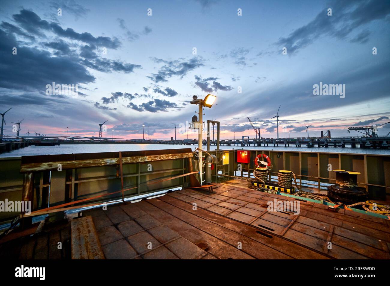 Main deck of construction vessel in port. Stock Photo
