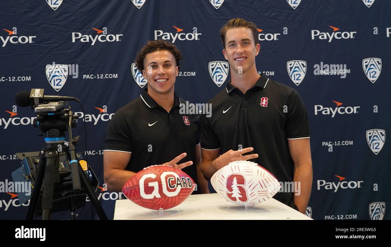 Stanford linebacker Tristian Sinclair (left) and wide receiver John Humphreys (right) smiling for the camera during Pac-12 Media Day at Resort World, Friday, July 21, 2023, in Las Vegas. (Gerome Wright/Image of Sport) Stock Photo