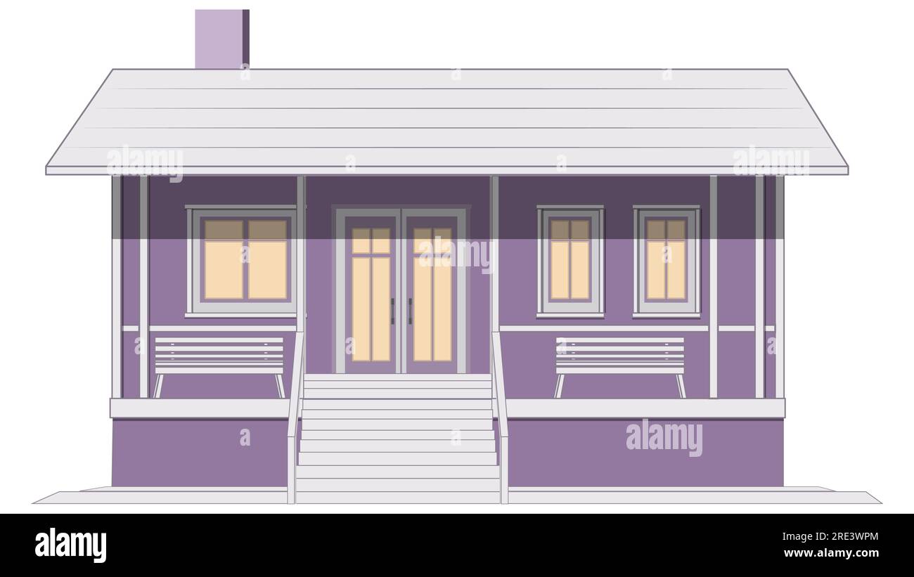Colored one-story house with porch and benches isolated on white ...