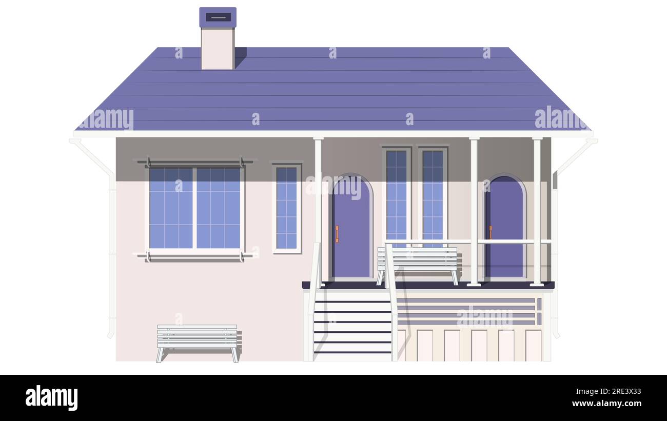 Colored one-story house with porch and benches isolated on white ...