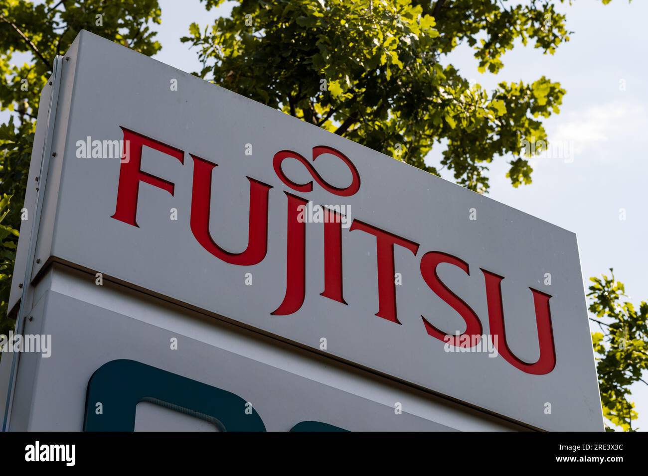 Fujitsu logo sign of the Japanese technology company. The IT service ...