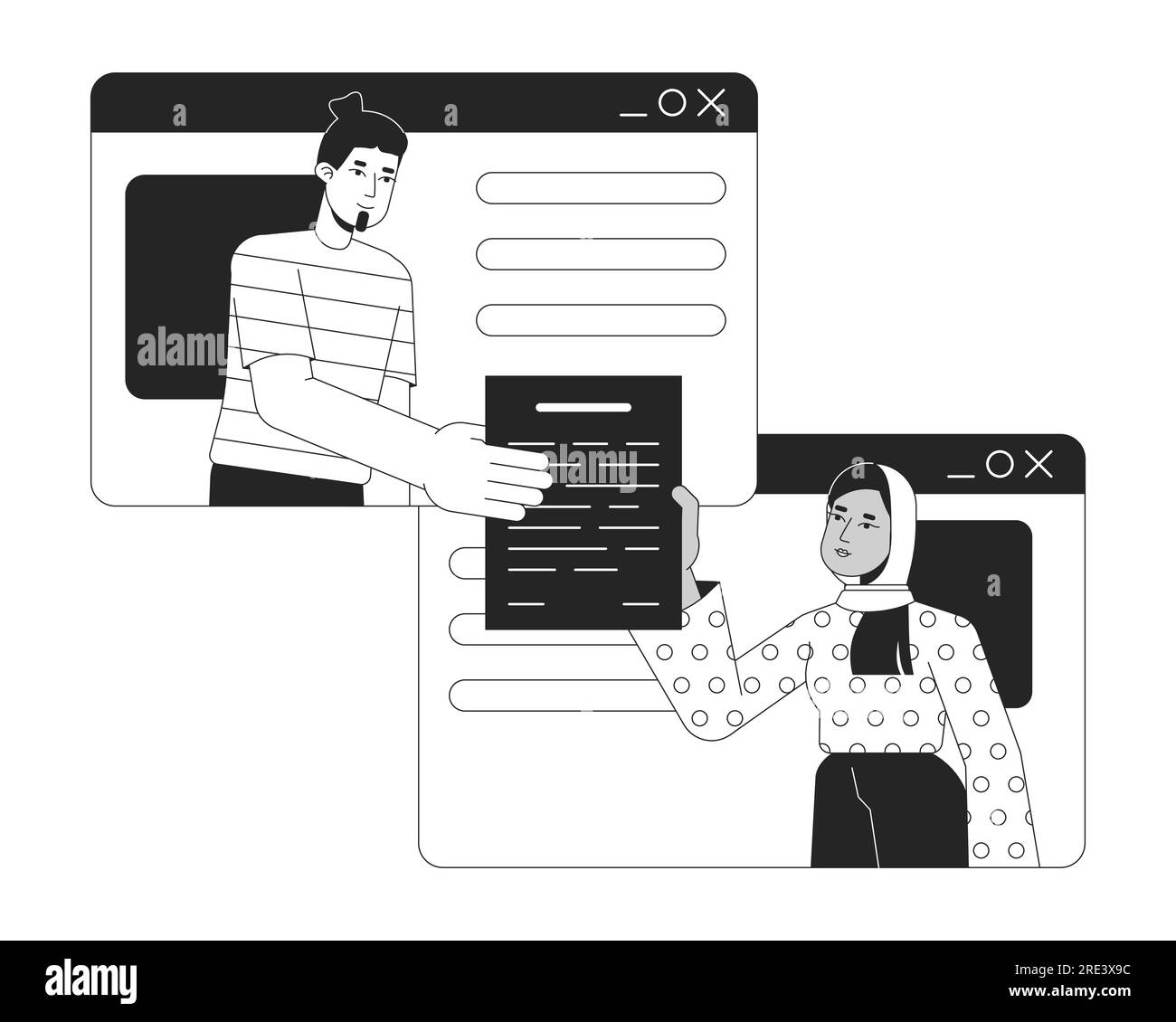 Man hands over document to woman bw concept vector spot illustration Stock Vector Image & Art