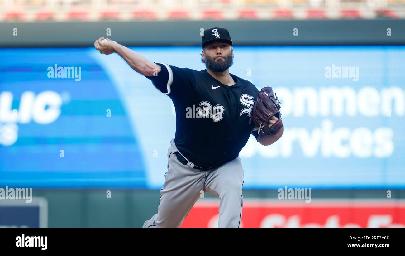 Chicago White Sox starting pitcher Lance Lynn throws to the Minnesota