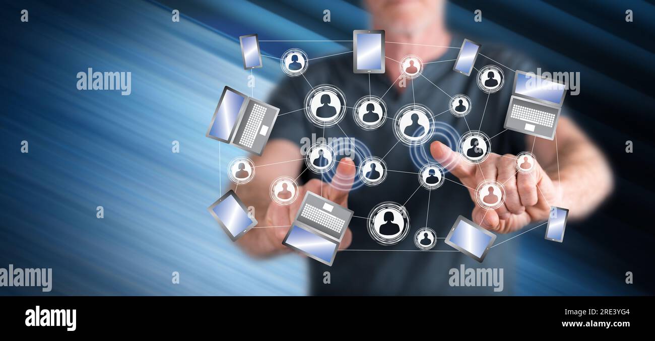 Man touching a social network connection concept on a touch screen with ...
