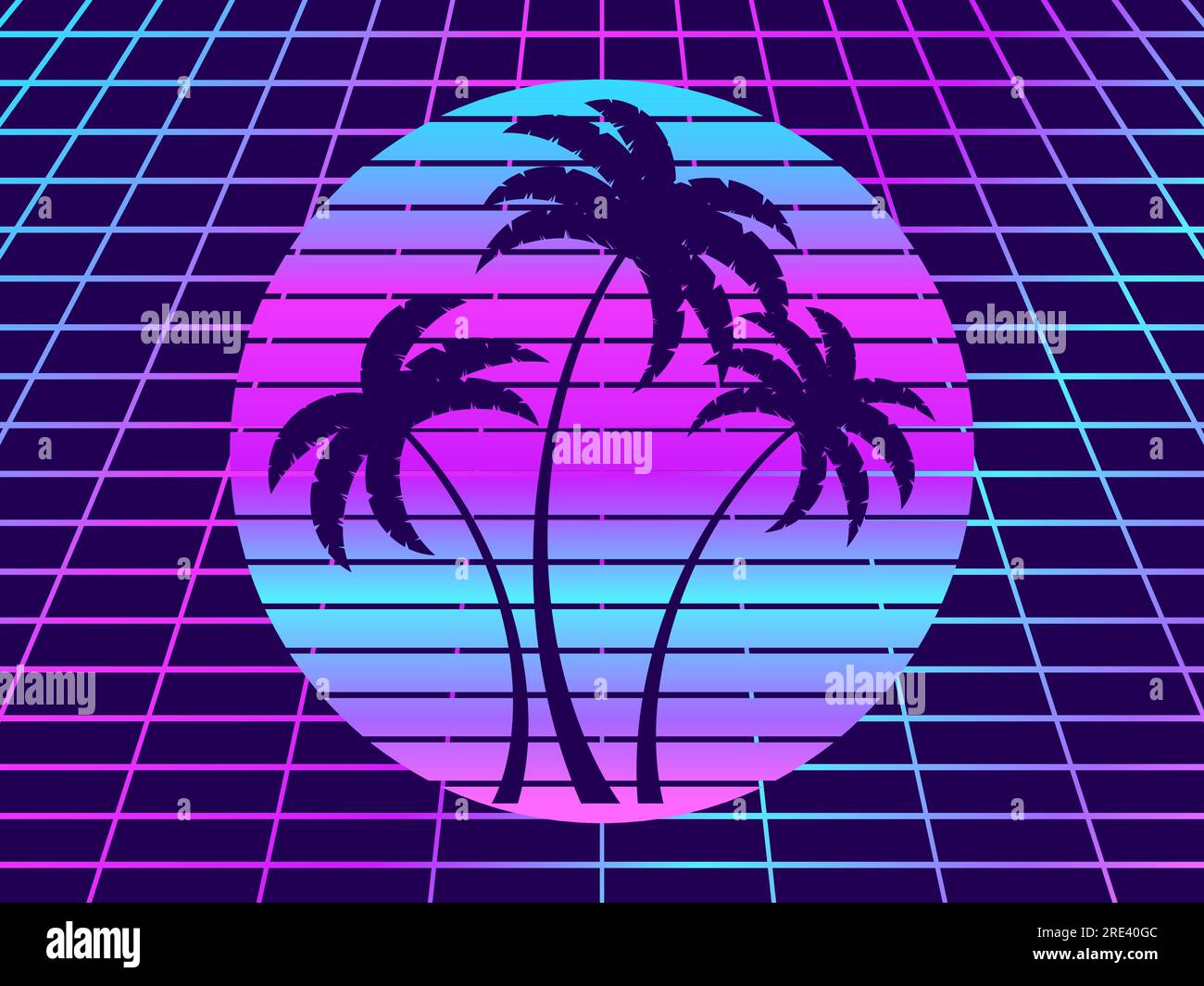 Retro sci-fi background with retro sun, palm trees and 80s style ...