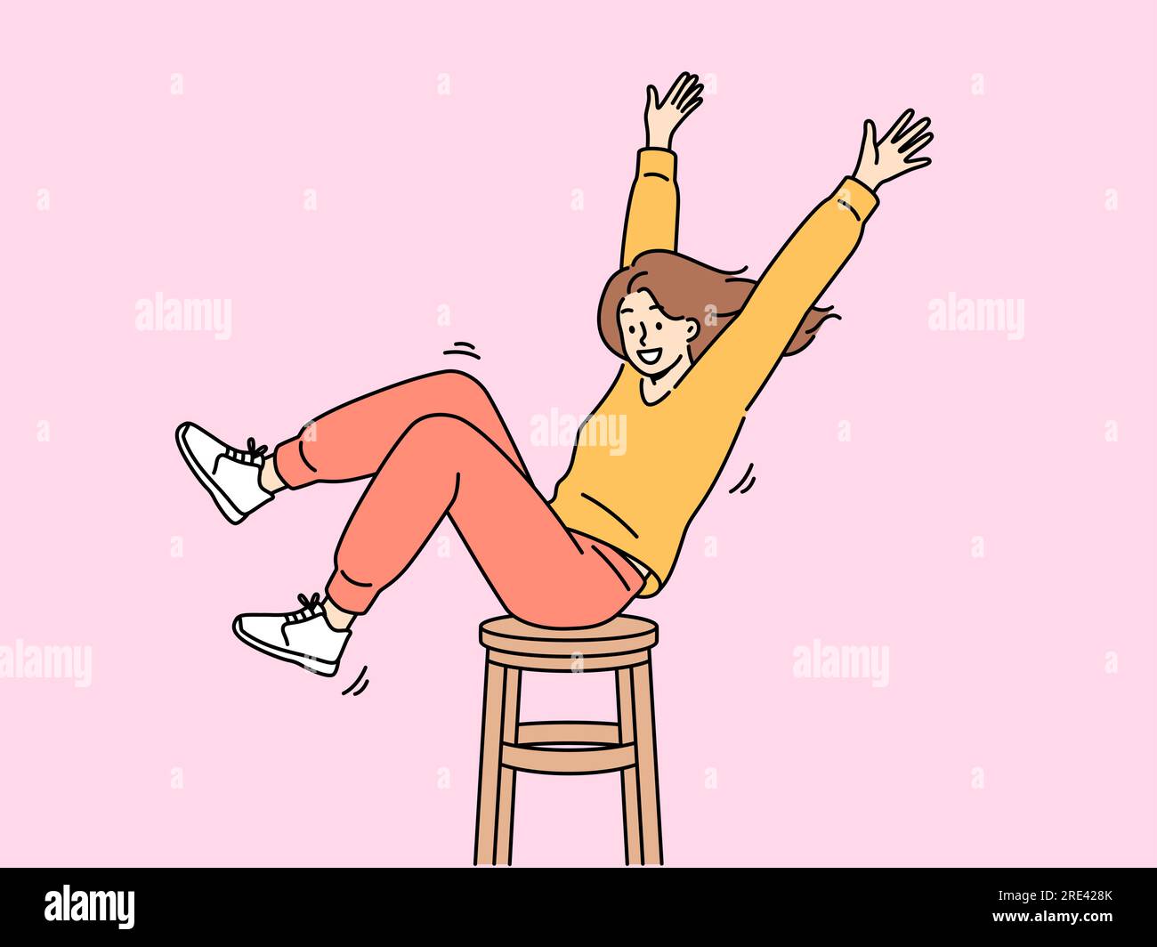 Happy girl is spinning on wooden chair, raising hands up and sharing good mood with others. Positive teenager girl in stylish clothes enjoys life without wanting to pay attention to troubles Stock Vector