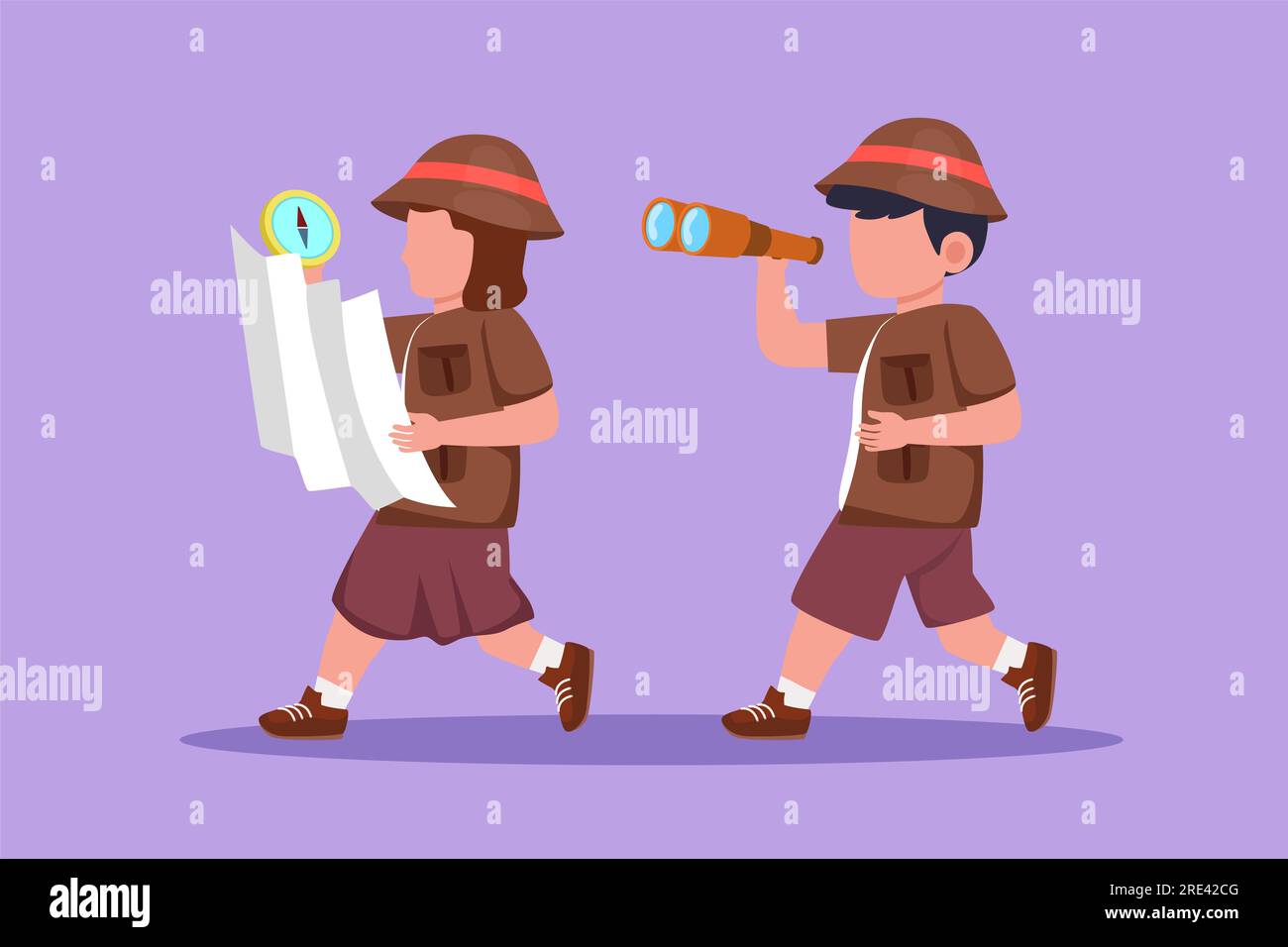Cartoon flat style drawing little boys and girls scout walking with binoculars and map. Children scout adventure camping concept. Hiking recreational Stock Photo