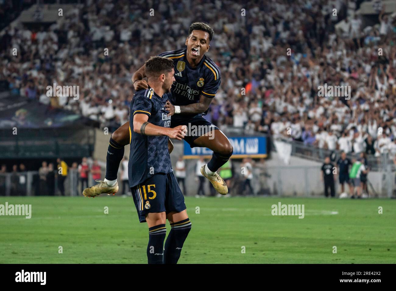 Real Madrid forward Rodrygo Silva (11) celebrates with midfielder Federico Valverde (15) after he scored a goal during the Soccer Champions Tour again Stock Photo