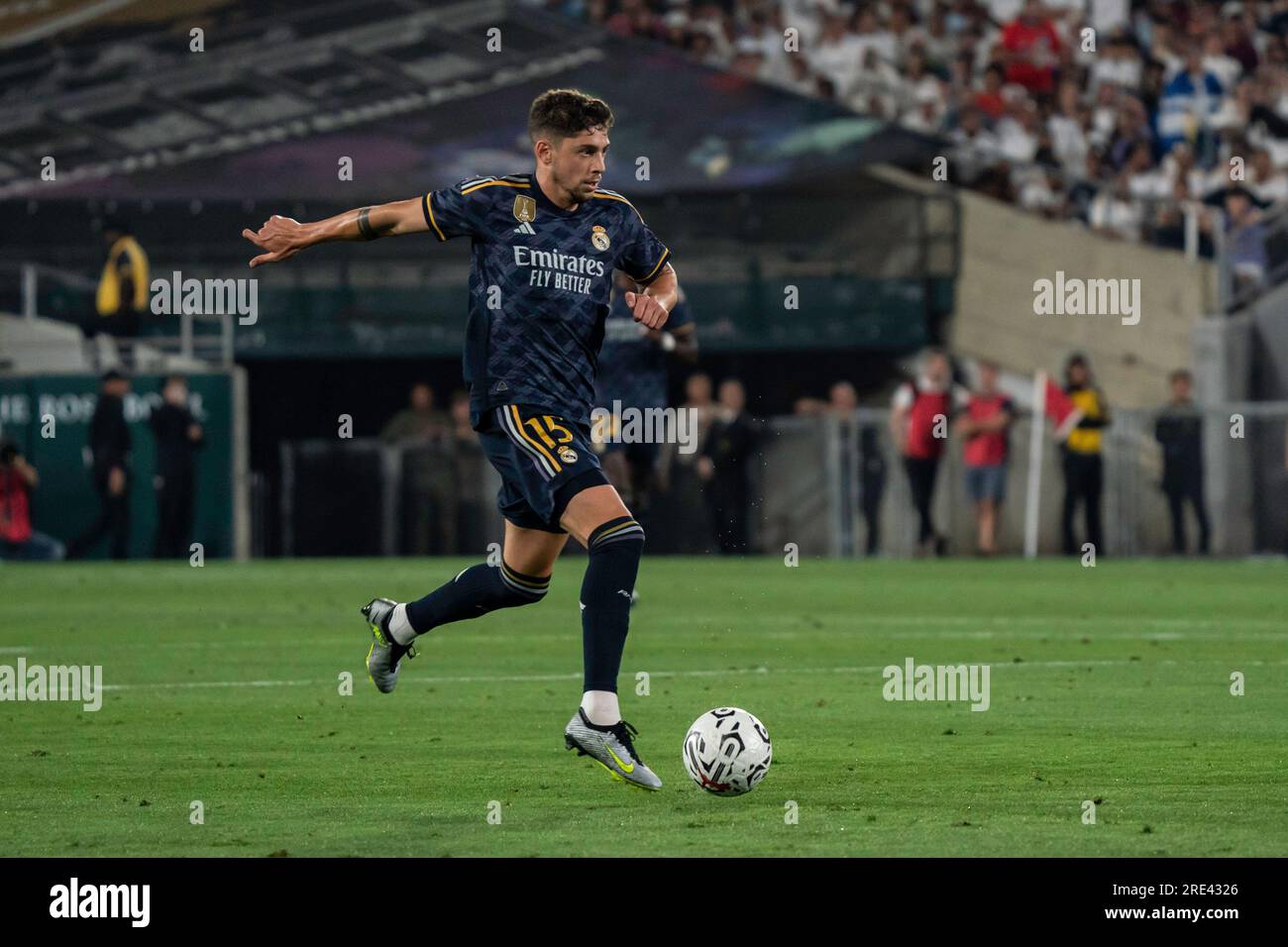 Real Madrid midfielder Federico Valverde (15) during the Soccer Champions Tour against AC Milan, Sunday, July 23, 2023, at the Rose Bowl, in Pasadena, Stock Photo
