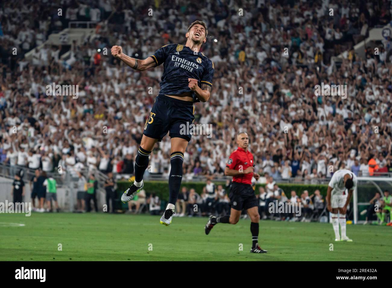 Real Madrid midfielder Federico Valverde (15) celebrates a goal during the Soccer Champions Tour against AC Milan, Sunday, July 23, 2023, at the Rose Stock Photo