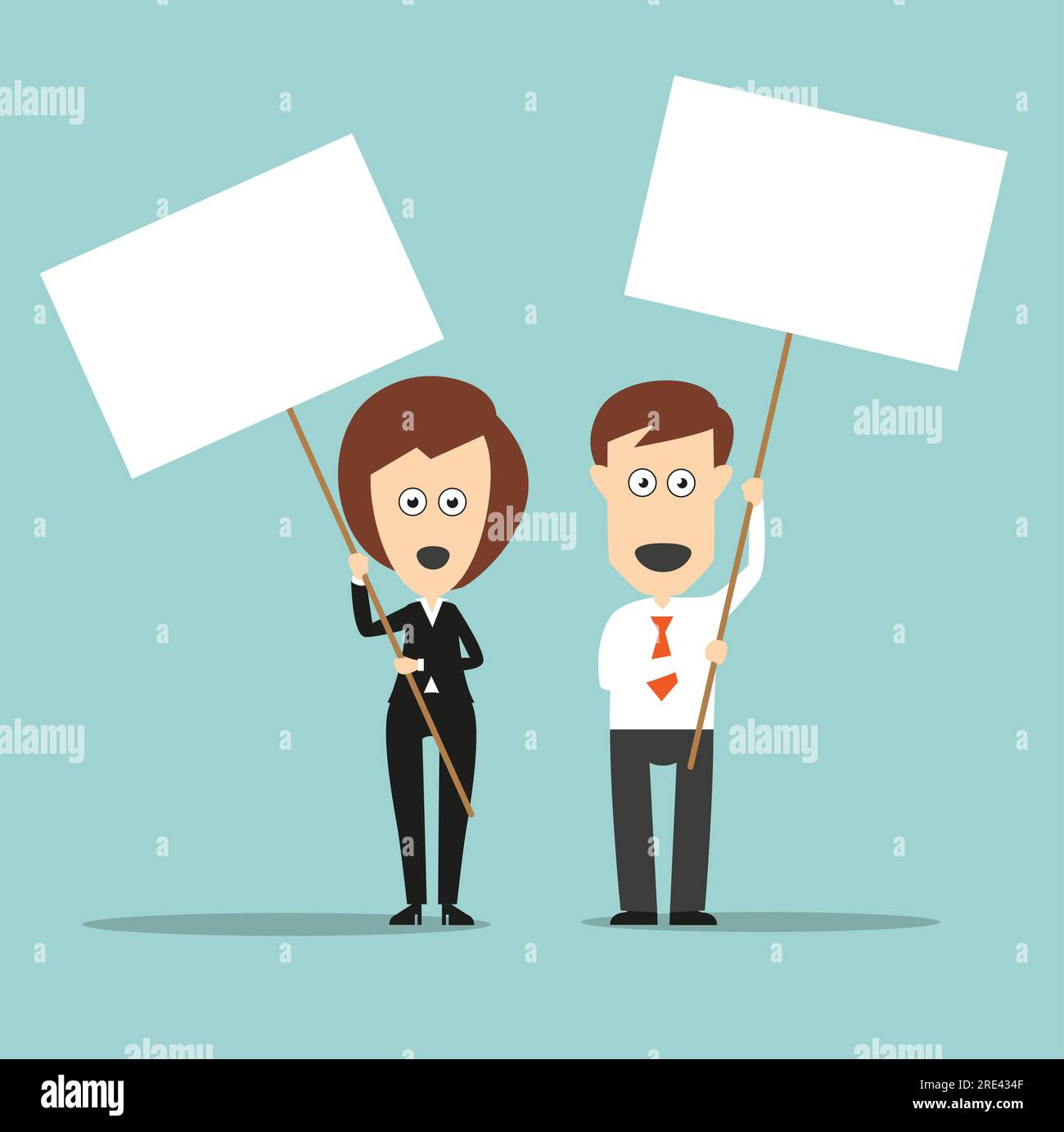 Business colleagues standing with open mouthes and holding sign boards with copyspace for demonstration protest or picket concept design. Cartoon flat style Stock Vector