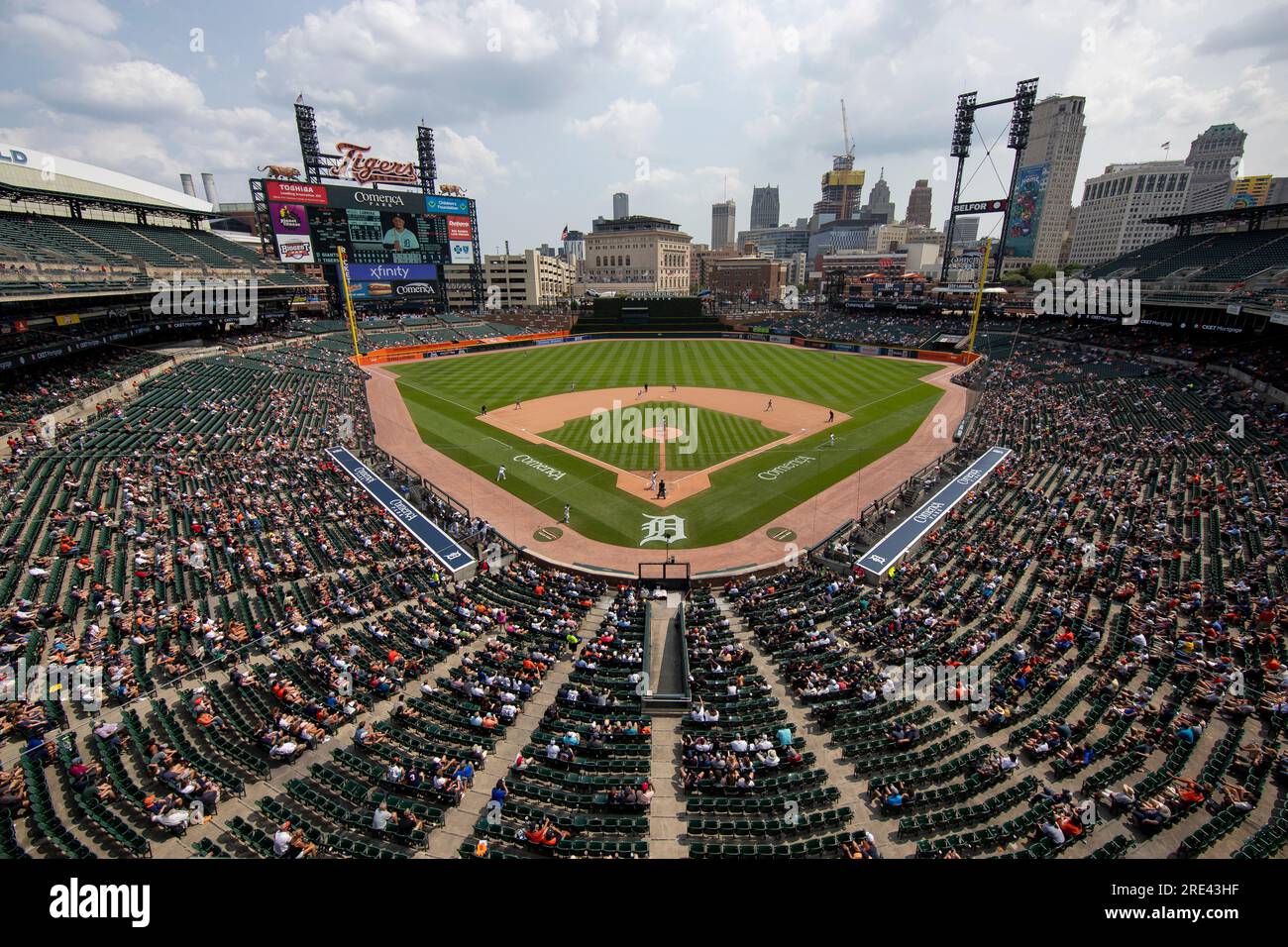 General view of Comerica Park during a MLB regular season game between the San Francisco Giants and Detroit Tigers, Monday, July 24, 2023 in Detroit, Stock Photo
