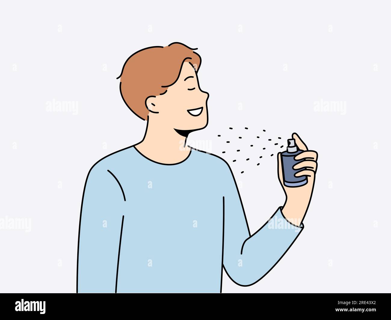 Man holds bottle of perfume and uses it before date with girl to exude good scent. Young guy in casual t-shirt closing eyes, applies perfume or deodorant to body to get rid of bad smell. Stock Vector