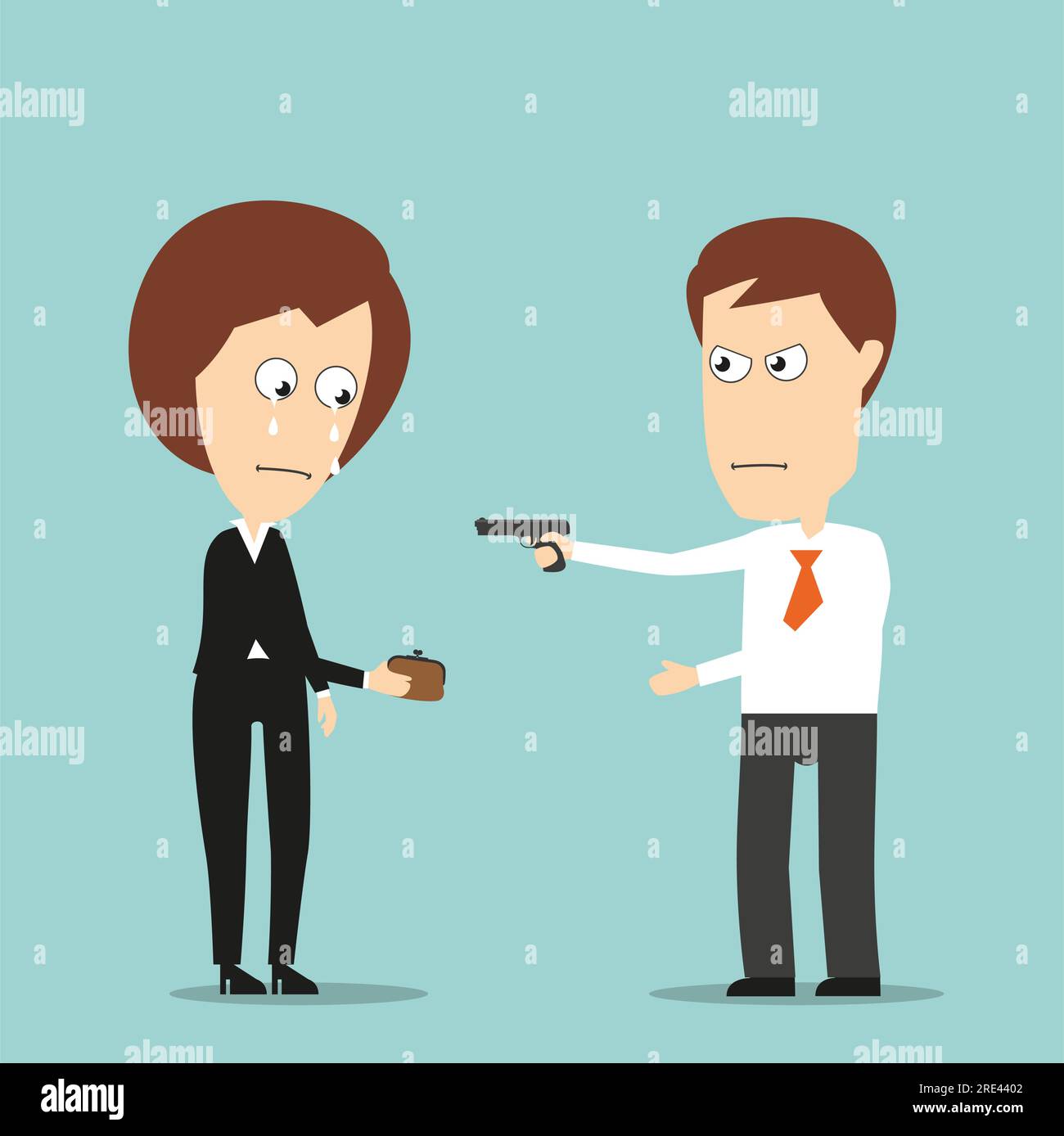 Angry businessman robs crying business woman with a handgun, for robbery or extortion business concept design. Cartoon flat style Stock Vector