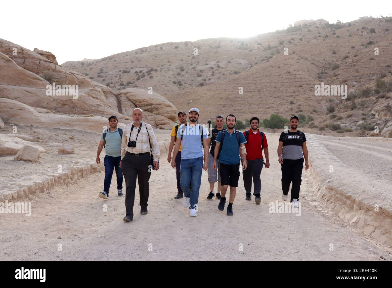 Petra, Jordan group of people hiking in the Nabateans city Stock