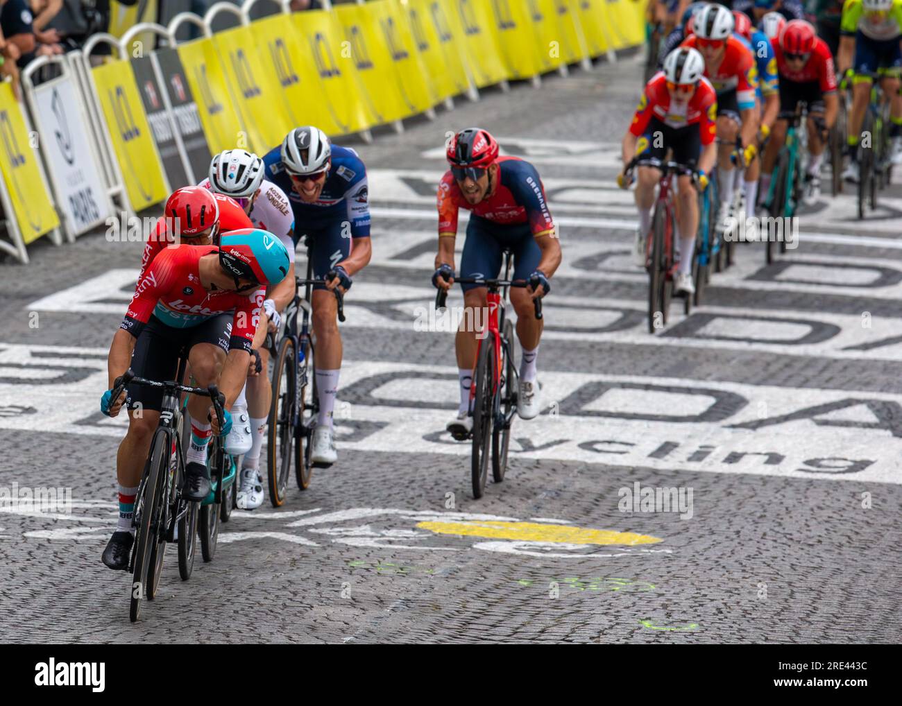 LOTTO DSTNY  rider VICTOR CAMPENAERTS showing why he was nomnated the overall most agressive rider of  Tour in actions during stage 21, Saint Quentin- Stock Photo