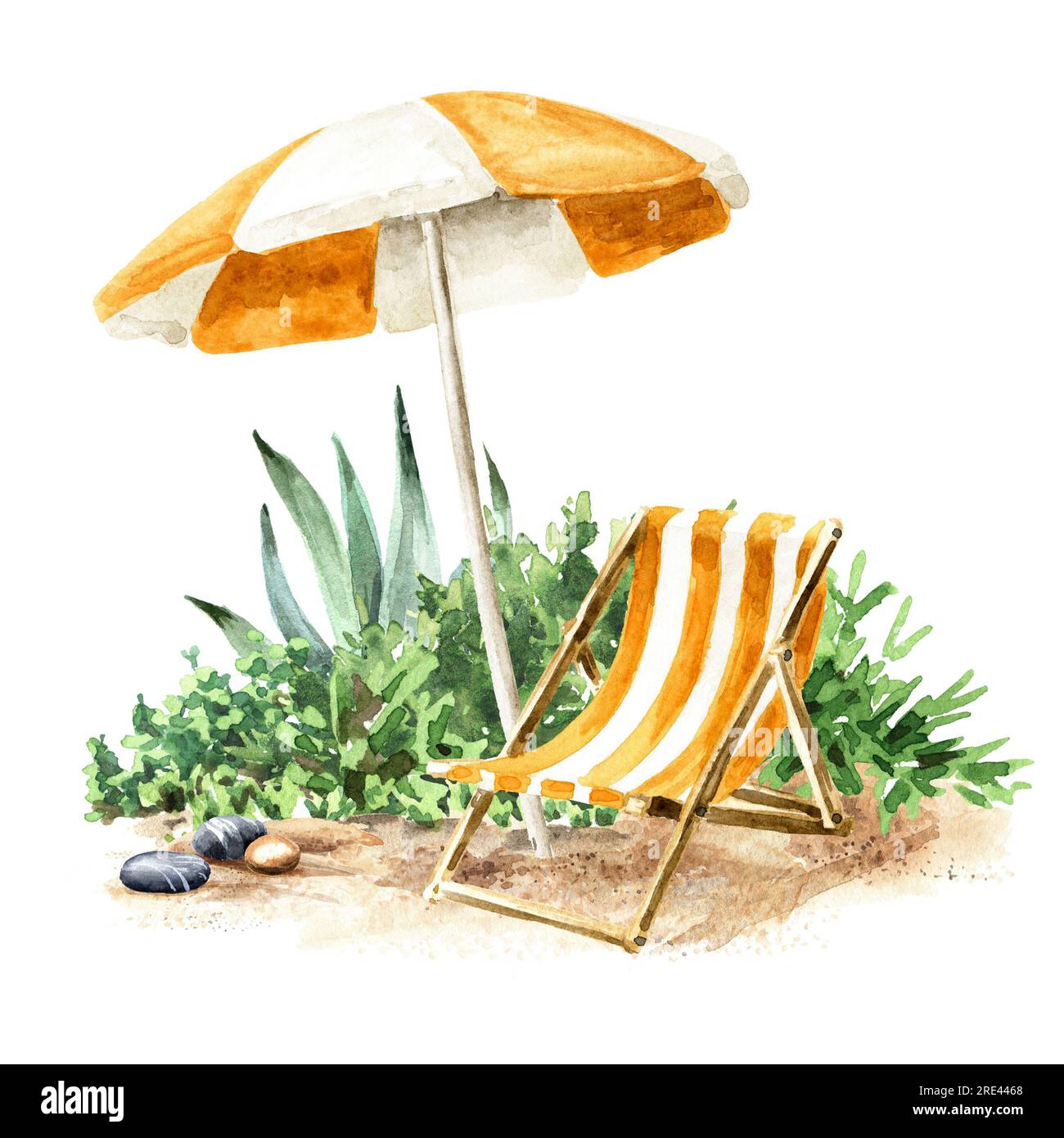 Beach chair and umbrella parasol on the sand. Summer vacation concept. Hand drawn watercolor illustration isolated on white background Stock Photo Alamy