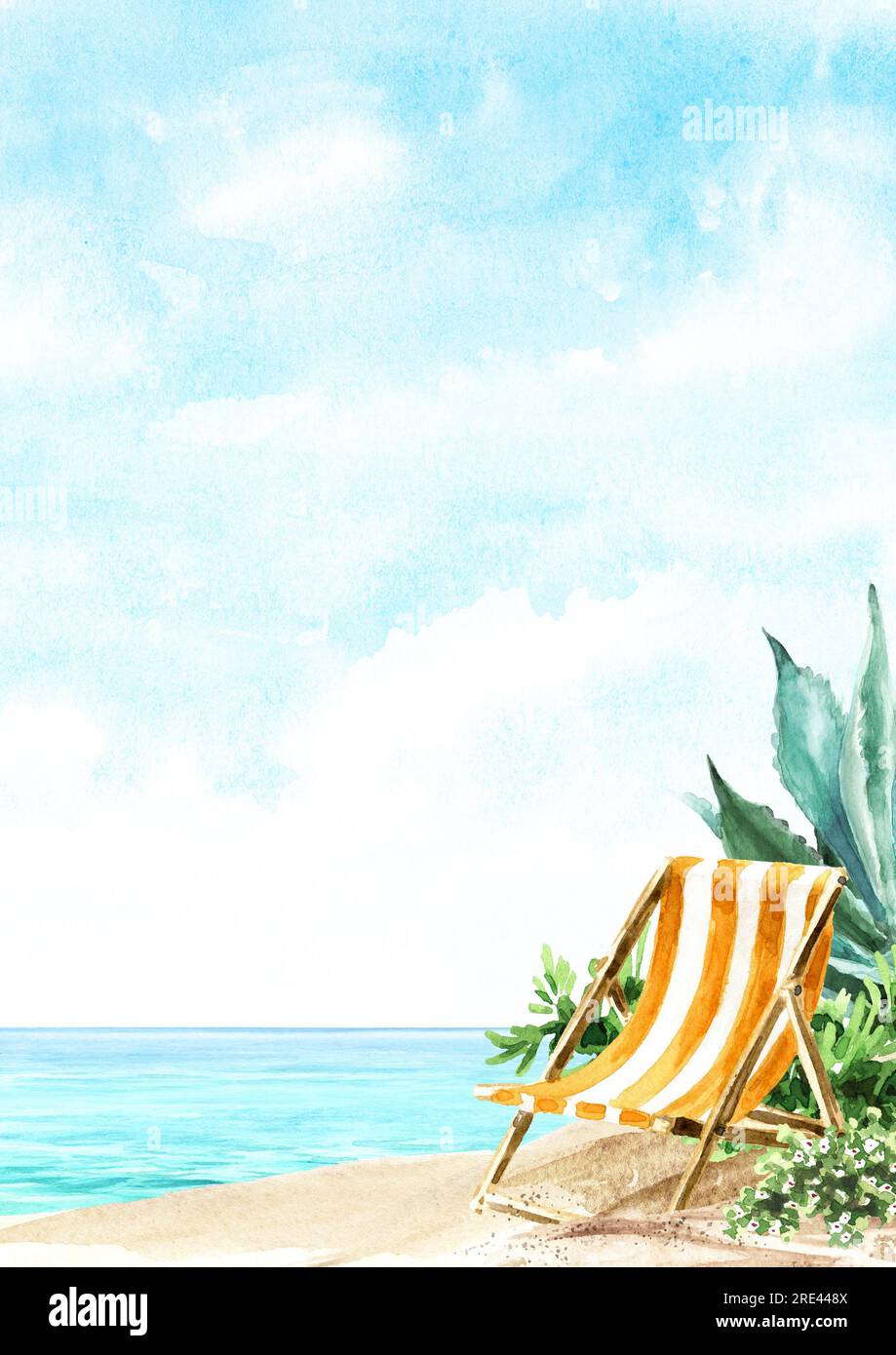 Beach chair on the sand and tropical plants, Hand drawn watercolor ...