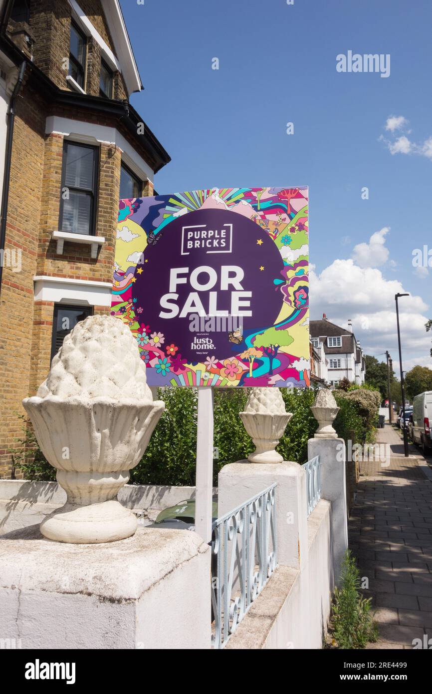 Purple Bricks Estate Agent's for sale sign outside a property in south