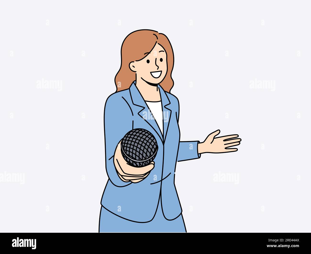 Woman reporter with microphone wants to take interview and asks questions of interlocutor by bringing mike to screen. Girl holds microphone in hand offering you to share opinion on current events. Stock Vector