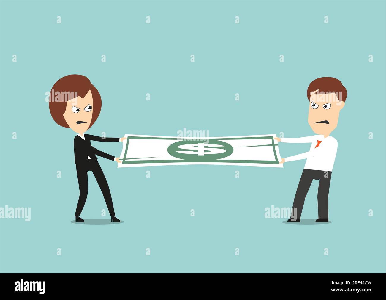 Businessman and business woman fights over for money, pulling the dollar bill to opposite sides, for business competition design. Cartoon flat style Stock Vector