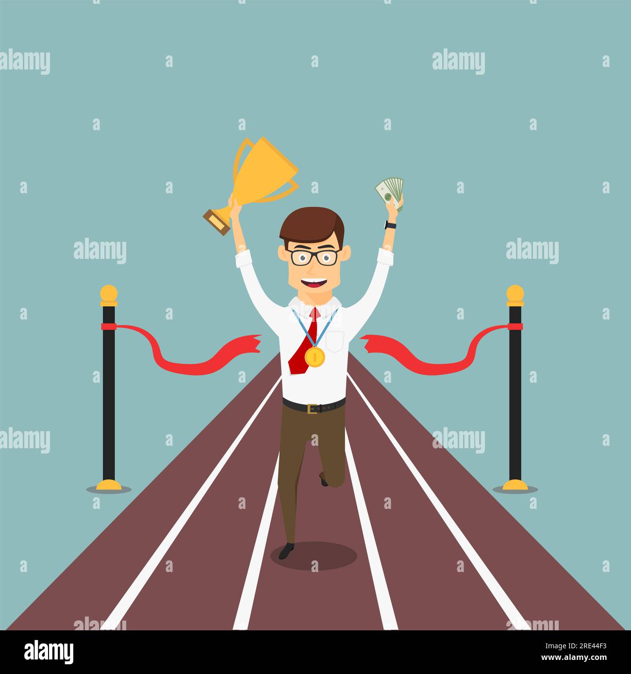 Happy businessman crosses finish line with trophy cup, gold medal and money, for business