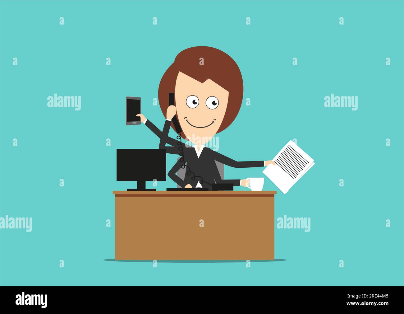 Cartoon confident multitasking businesswoman with many hands doing several office tasks at once. Use as multitasking and hard working theme design Stock Vector