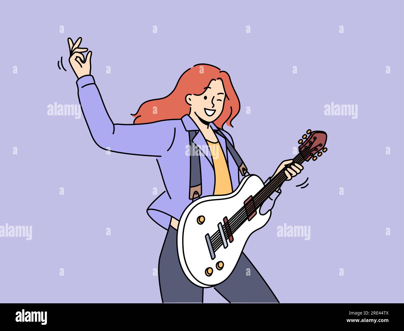 Woman with guitar plays rock music at concert and enjoys creative hobby and winks looking at screen. Happy young girl with white guitar is casting for popular musical television show Stock Vector
