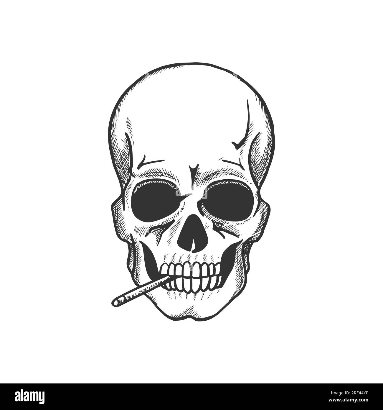 skull smoking sketch for death danger symbol and tobacco addiction themes design head bone of human skeleton with cigarette for warning sign or tattoo design 2RE44YP