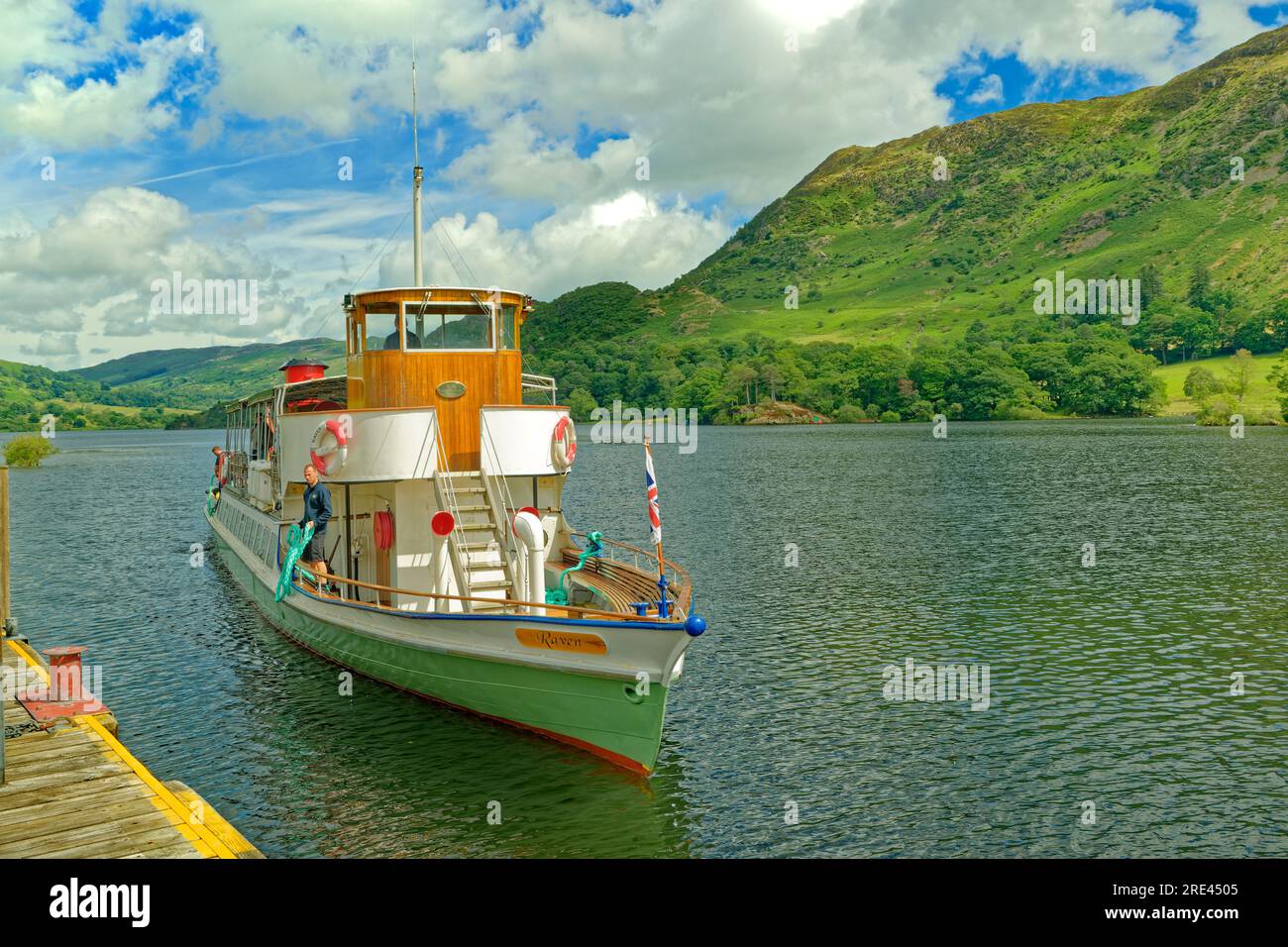 Ullswater cruise boat 'Raven' arriving at Glenridding Pier on Ullswater, Cumbria in England. Stock Photo