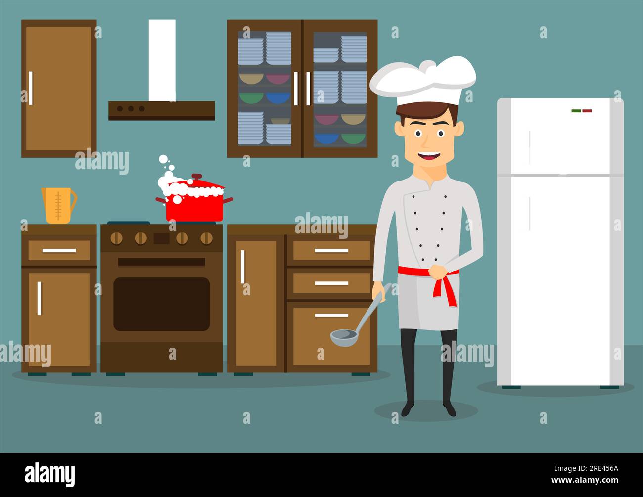 https://c8.alamy.com/comp/2RE456A/smiling-young-man-in-chef-hat-and-tunic-cooking-in-kitchen-at-home-cartoon-flat-style-2RE456A.jpg