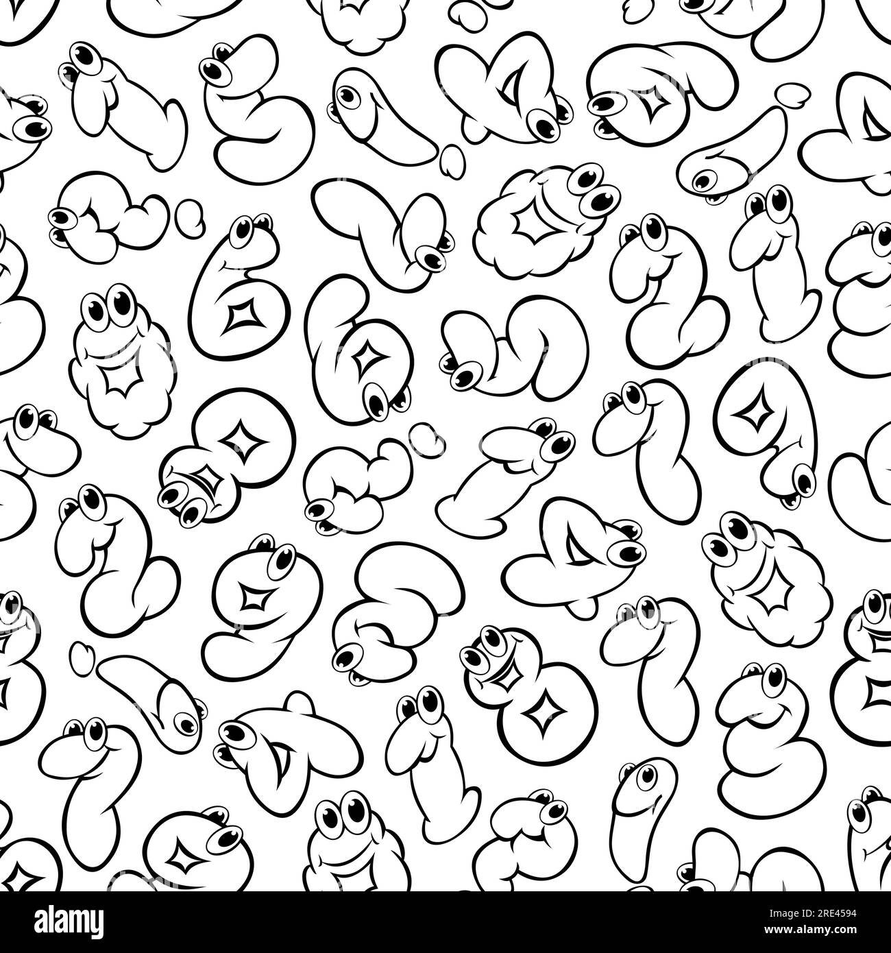 Black and white cartoon numbers characters background with sketchy seamless pattern of bubble digits, question and exclamation marks with smiling faces. May be use as childish room interior or book flyleaf design Stock Vector