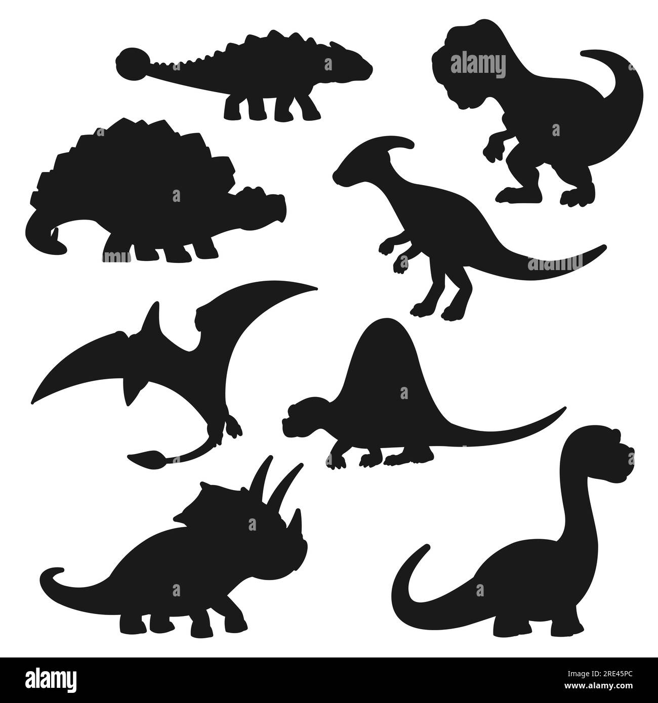 Black dinosaur silhouettes . Vector triceratops, tyrannosaurus, stegosaurus and brontosaurus, pterodactyl, parasaurolophus and spinosaurus, diplodocus and ankylosaurus shapes Stock Vector
