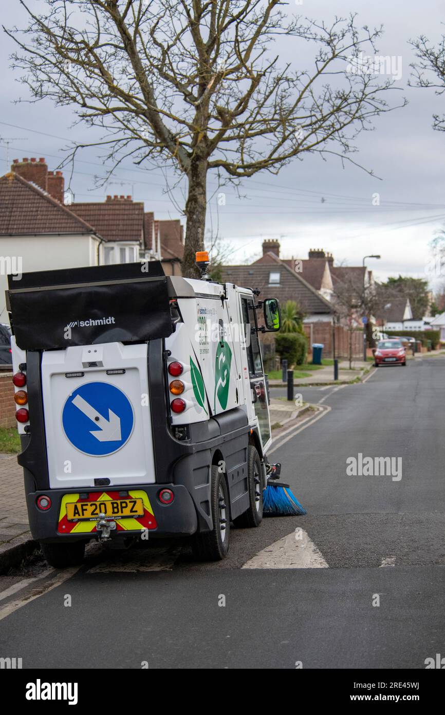 Electric road sweeper from manufacturer Aebi Schmidt in Harrow streets Feb2022 Stock Photo
