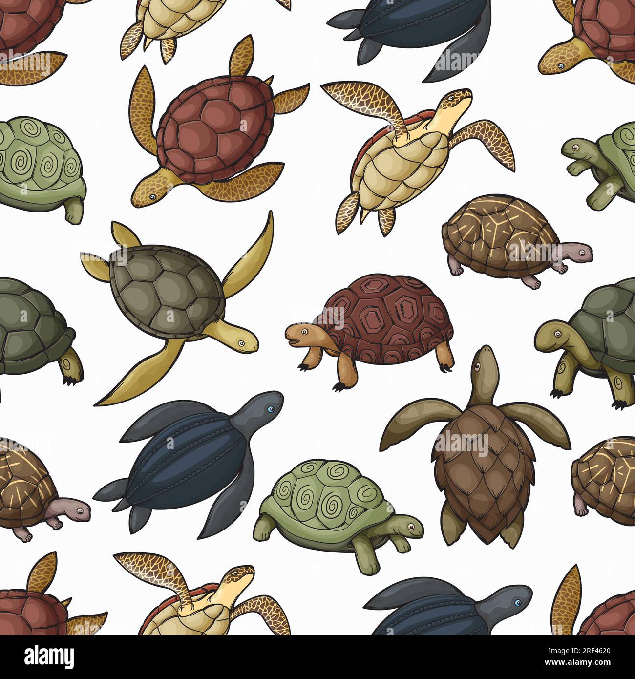 Turtle animals vector seamless pattern of sea turtle, tortoise and terrapin background. Water and land reptiles with green, black and brown carapace shells, feets, flippers and heads backdrop Stock Vector