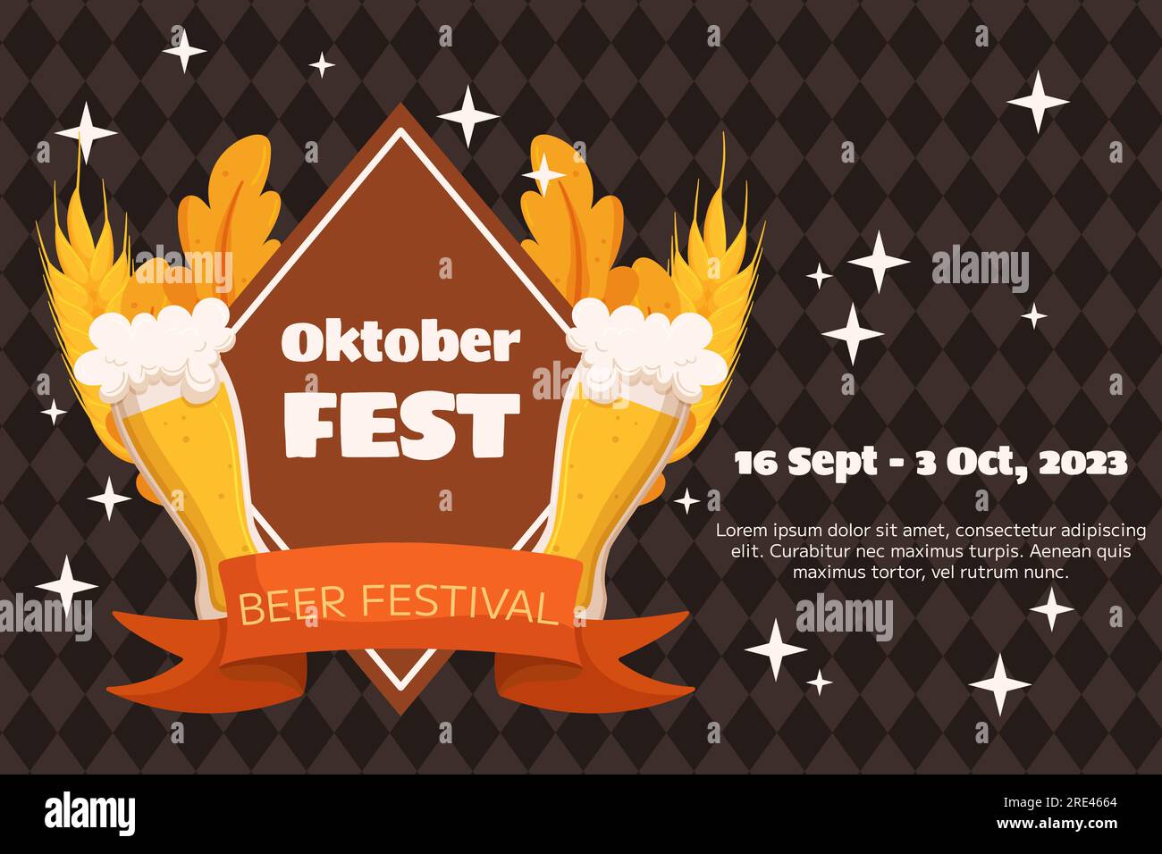 Oktoberfest German beer festival background. Design with glass of beer, wheat and leaves, banner ribbon. Rhombus pattern on back Stock Vector