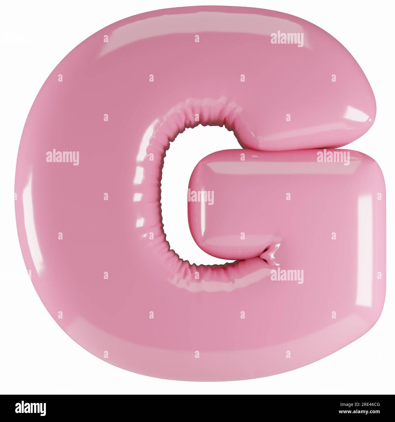 Inflated glossy pink letter G uppercase illustration. 3D render of latex bubble font with glint