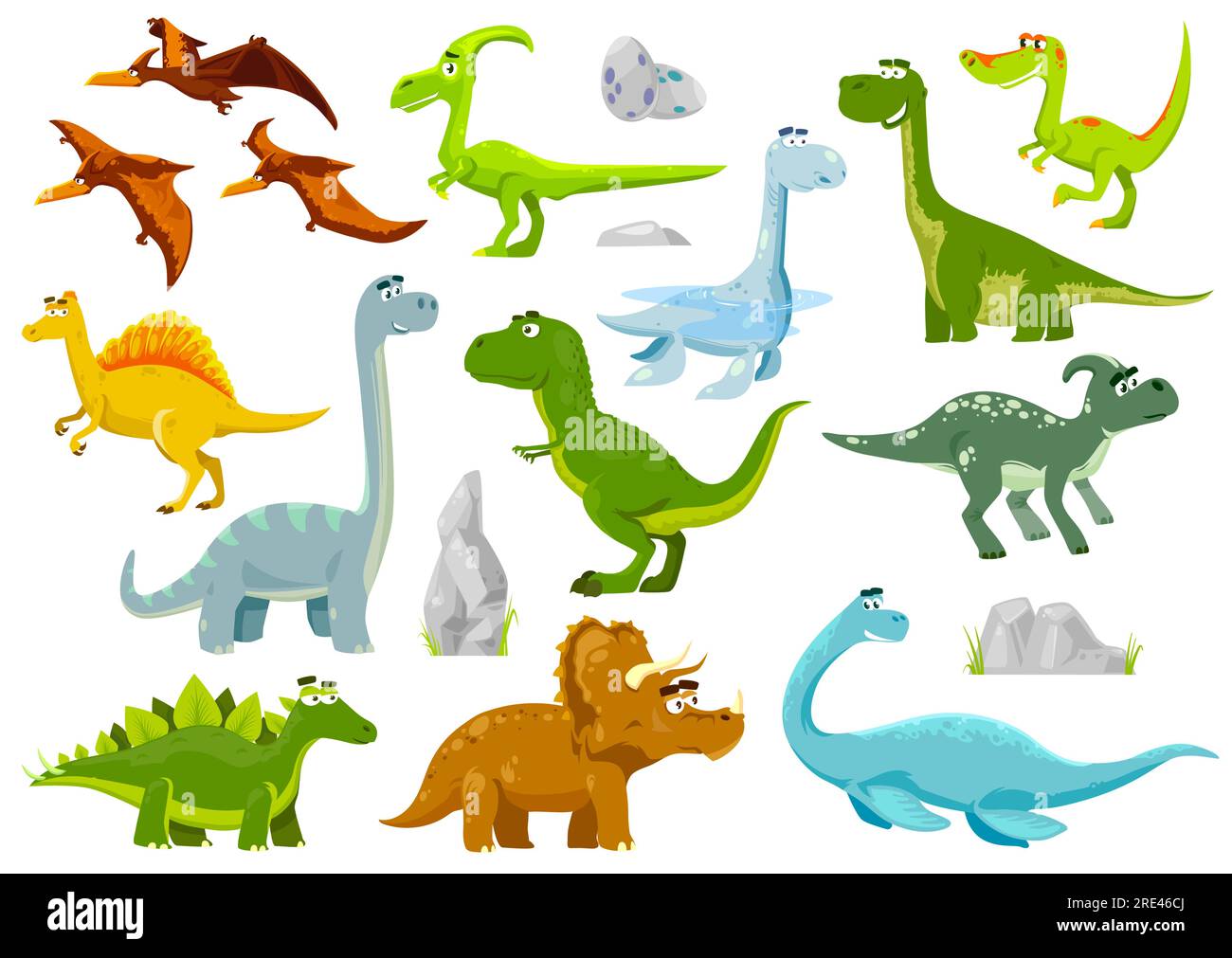 Cartoon dinosaurs, vector dragons, cute and funny baby dino characters. Isolated fantasy colorful prehistoric happy Jurassic period wild animals tyrannosaurus rex, stegosaurus, pterodactyl figures set Stock Vector