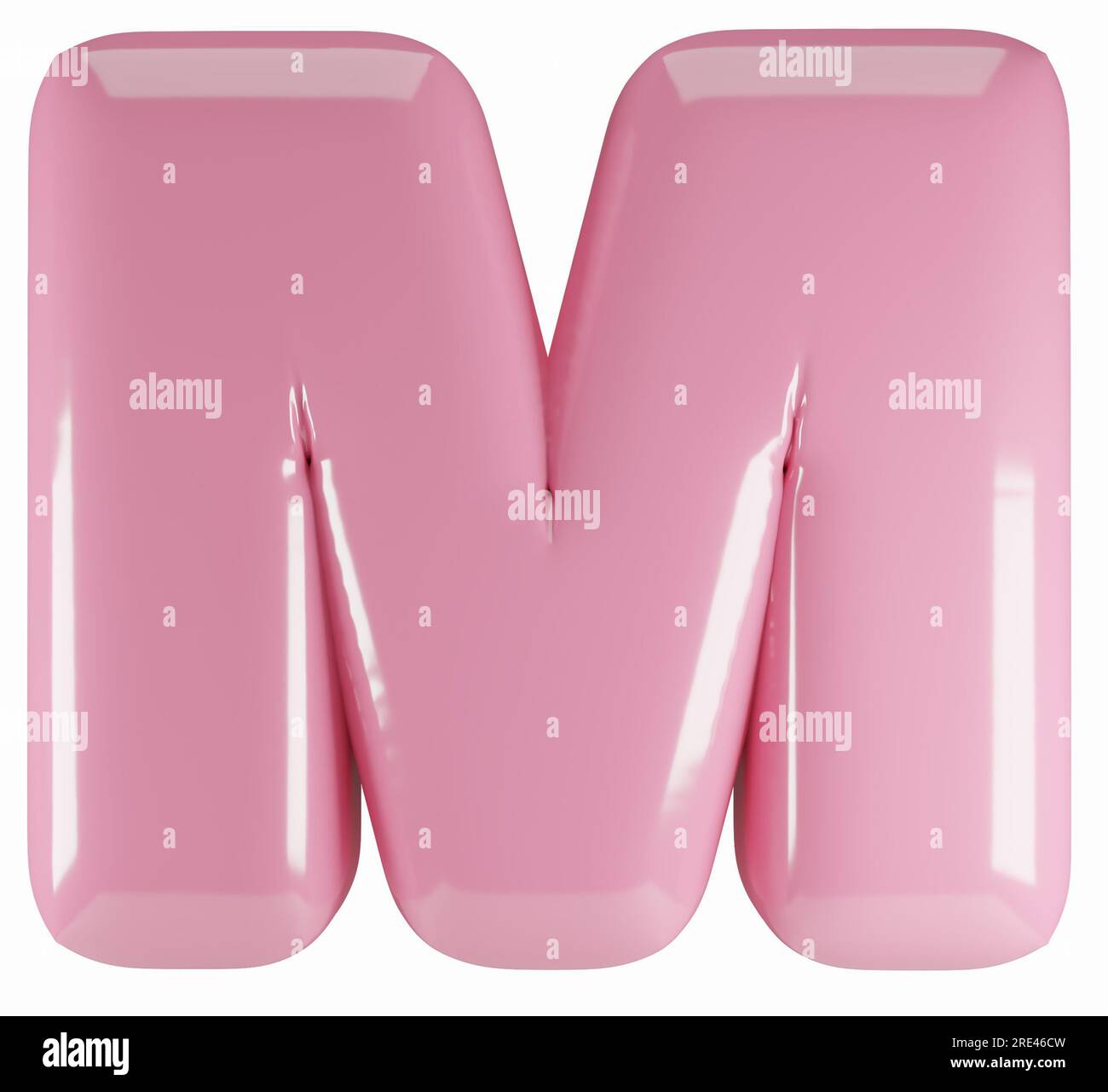 Inflated glossy pink letter M uppercase illustration. 3D render of latex bubble font with glint