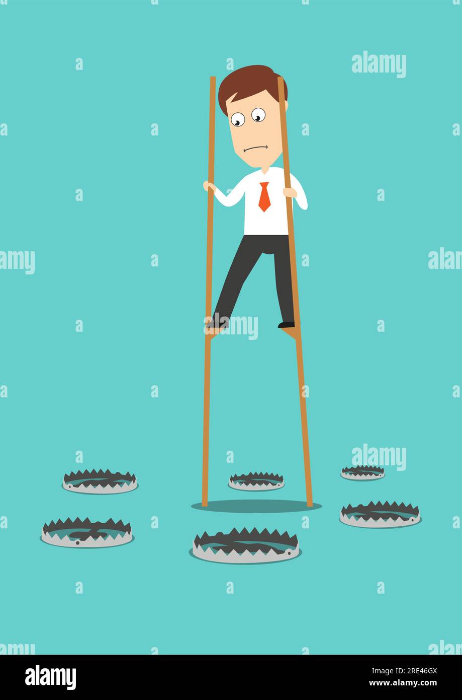 Cartoon businessman is walking on high stilts to dangerous