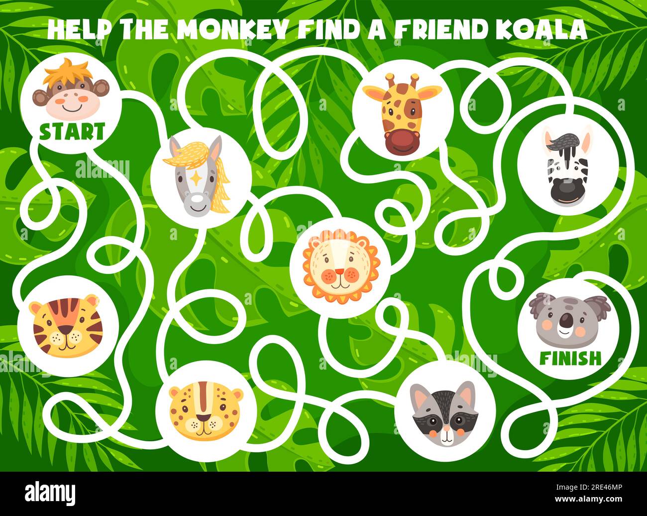 Funny cartoon animals. Kids labyrinth maze game, find a friend logical game or riddle, puzzle with finding way task. Vector monkey, horse and giraffe, zebra, lion and tiger, cheetah, raccoon and koala Stock Vector