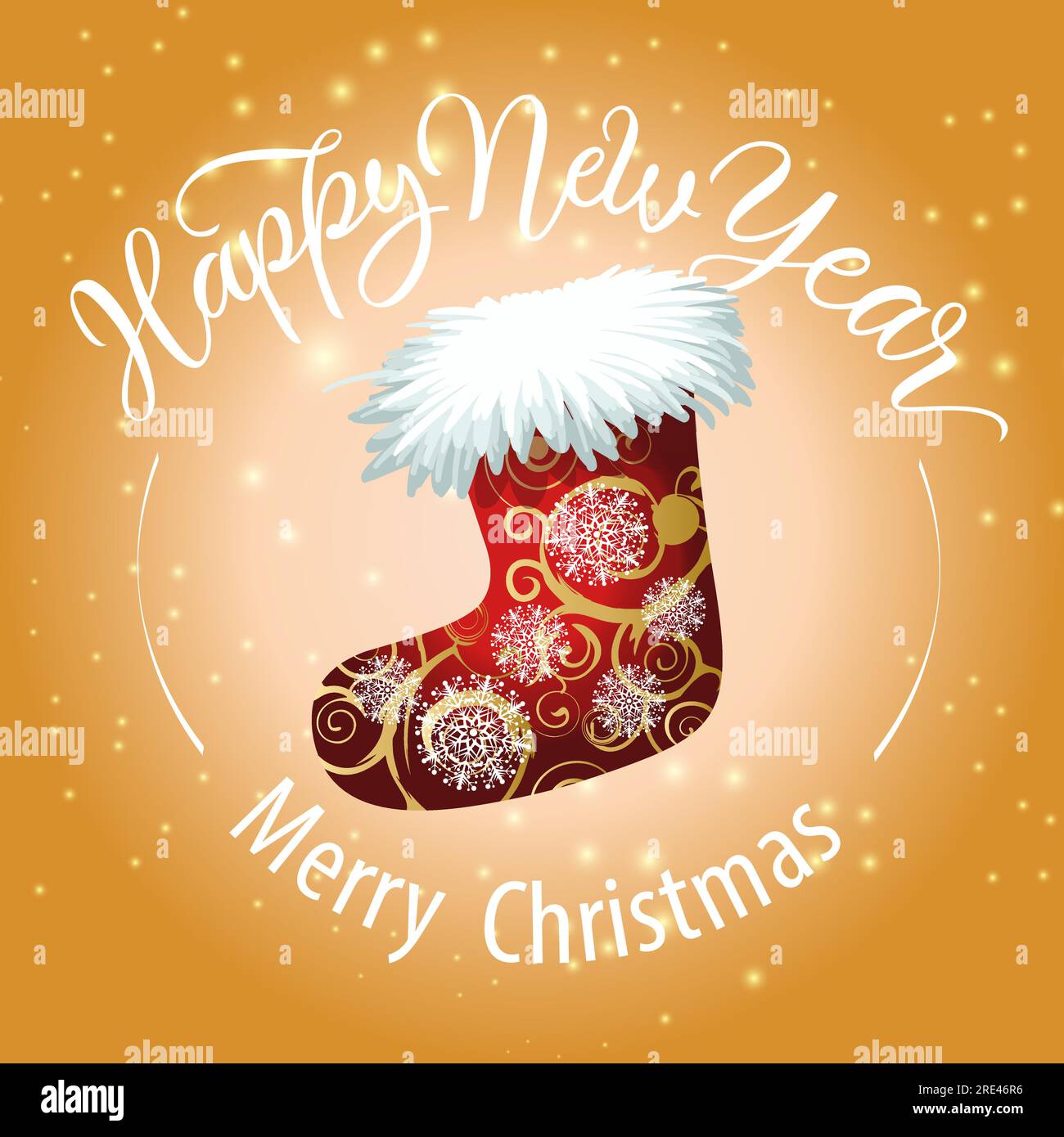 Merry Christmas, Happy New Year lettering with Santa Claus boot Stock Vector