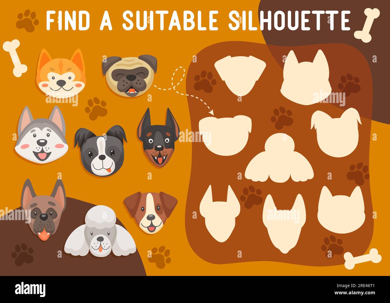 Kids game find a suitable silhouette of dog, shadow match vector