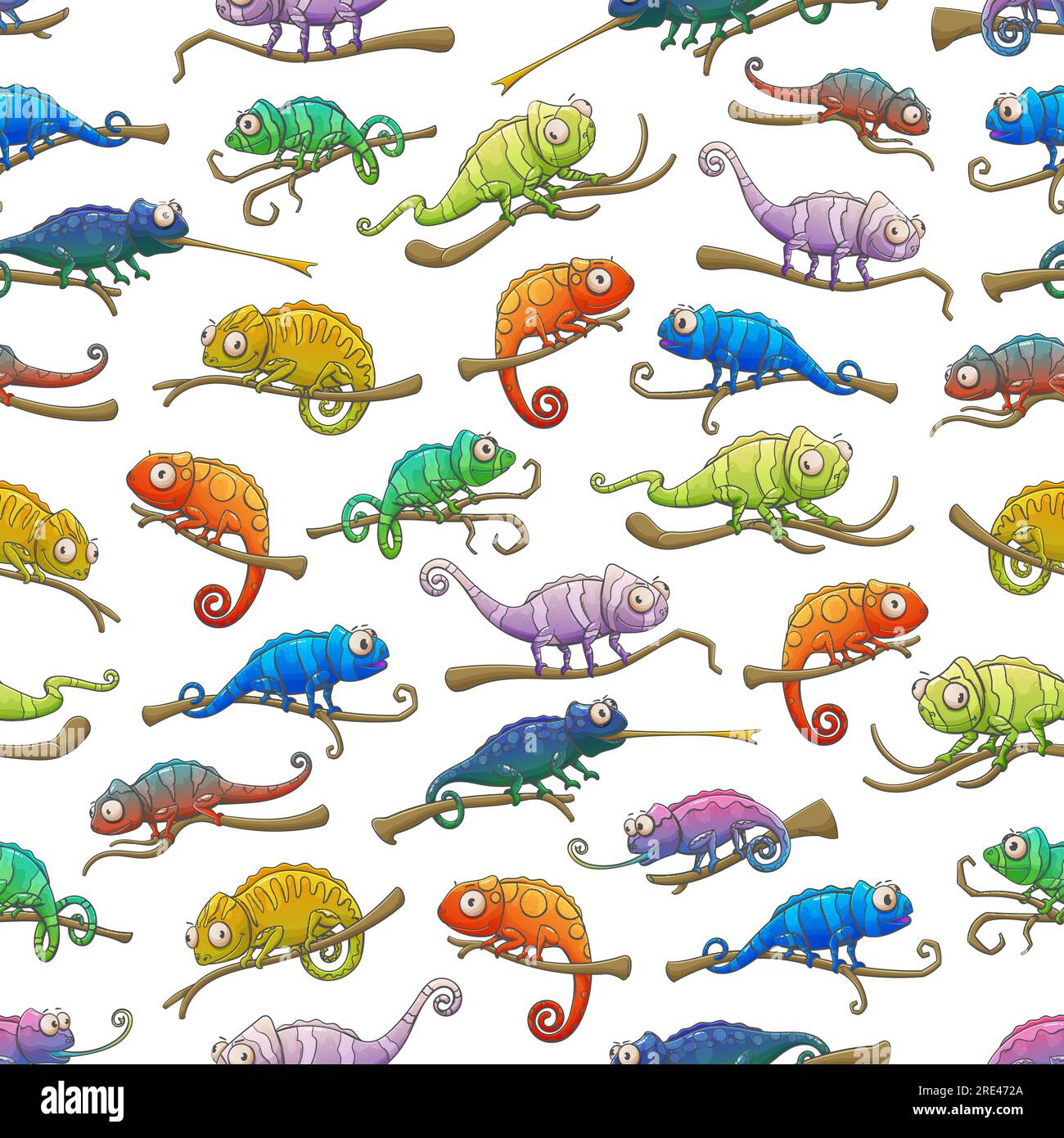 Chameleons seamless pattern of exotic lizard animals. Vector background with colorful chameleon reptiles sitting on branches with camouflage spots and stripes, long tails and tongues, animal backdrop Stock Vector