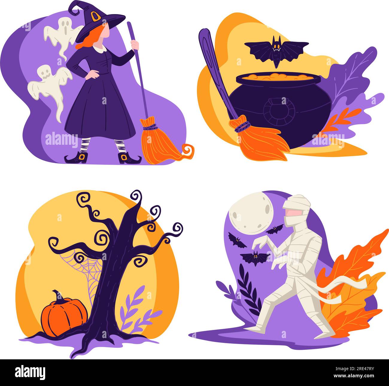 Celebration of autumn holiday, halloween party characters and costumes. Witch and mummy, ghosts and cauldron with potion and flying bat. Dry tree with Stock Vector